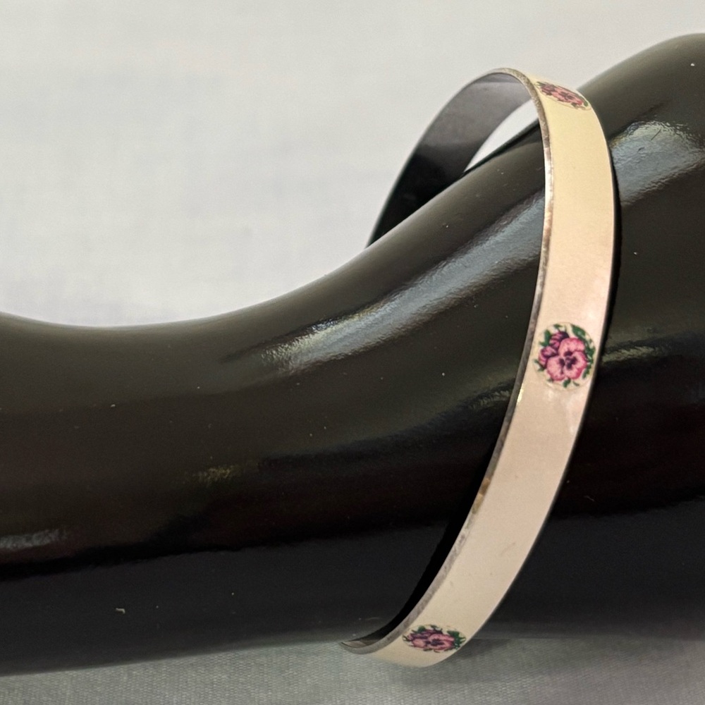 Vintage Bangle Bracelet with Ivory Enamel and Pink Flower Decals